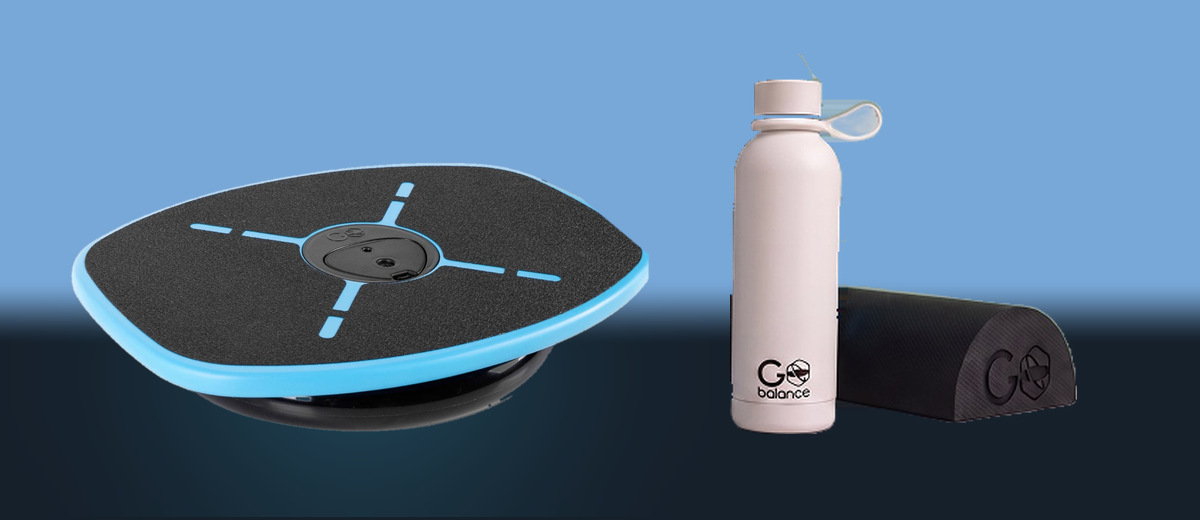 The GoBalance Sport board, with the bundle water bottle and yoga roller