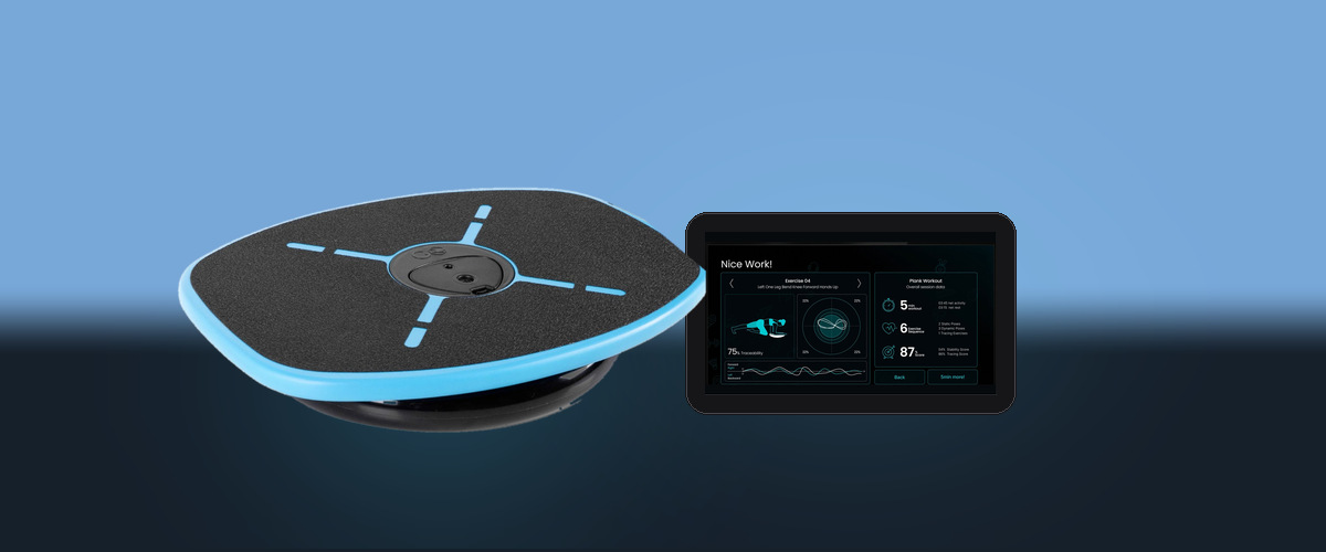 The GoBalance Sport board beside a phone running the app
