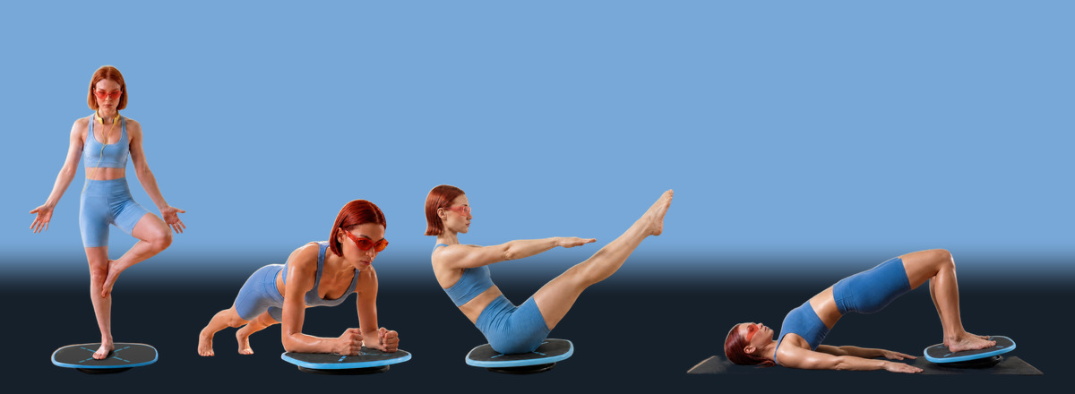 The four scored modes on the GoBalance Sport board: balance, plank, boat and bridge