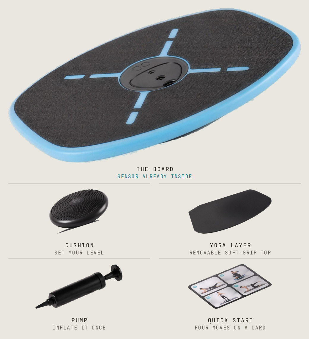 In the box: the board with the sensor inside, the cushion, the yoga layer, the pump and the quick-start card