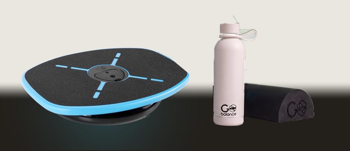 The GoBalance Sport board, with the bundle water bottle and yoga roller