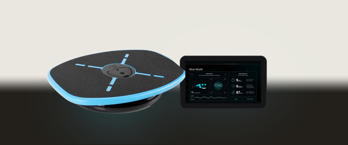 The GoBalance Sport board beside a phone running the app