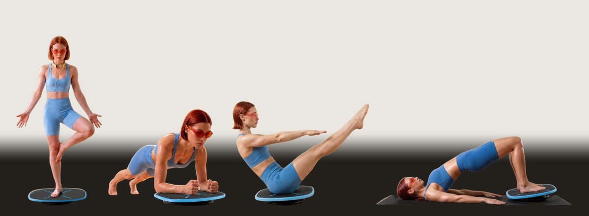 The four scored modes on the GoBalance Sport board: balance, plank, boat and bridge