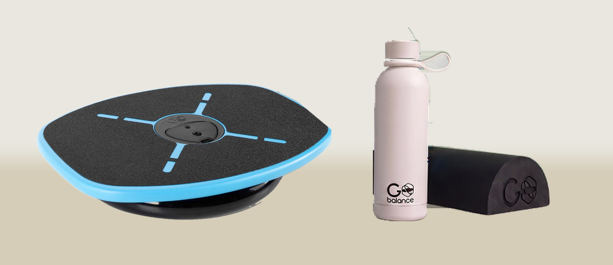 The GoBalance Sport board, with the bundle water bottle and yoga roller