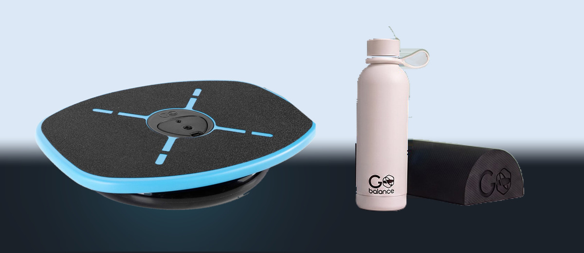 The GoBalance Sport board, with the bundle water bottle and yoga roller