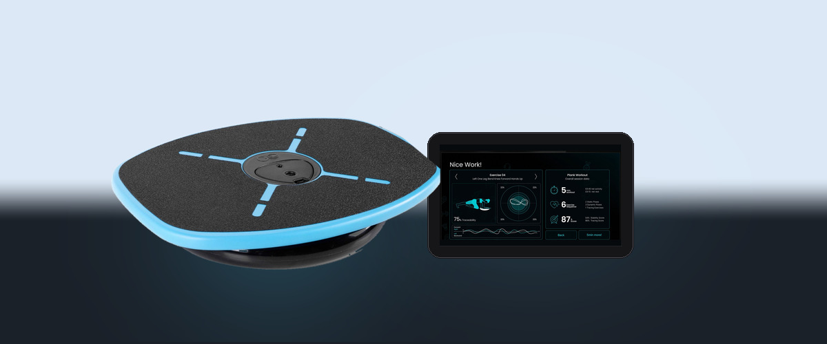 The GoBalance Sport board beside a phone running the app