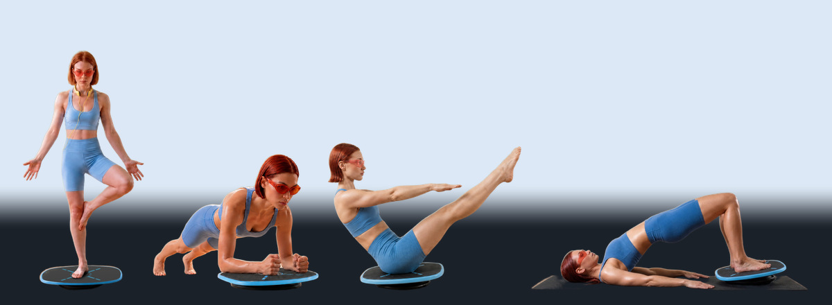 The four scored modes on the GoBalance Sport board: balance, plank, boat and bridge